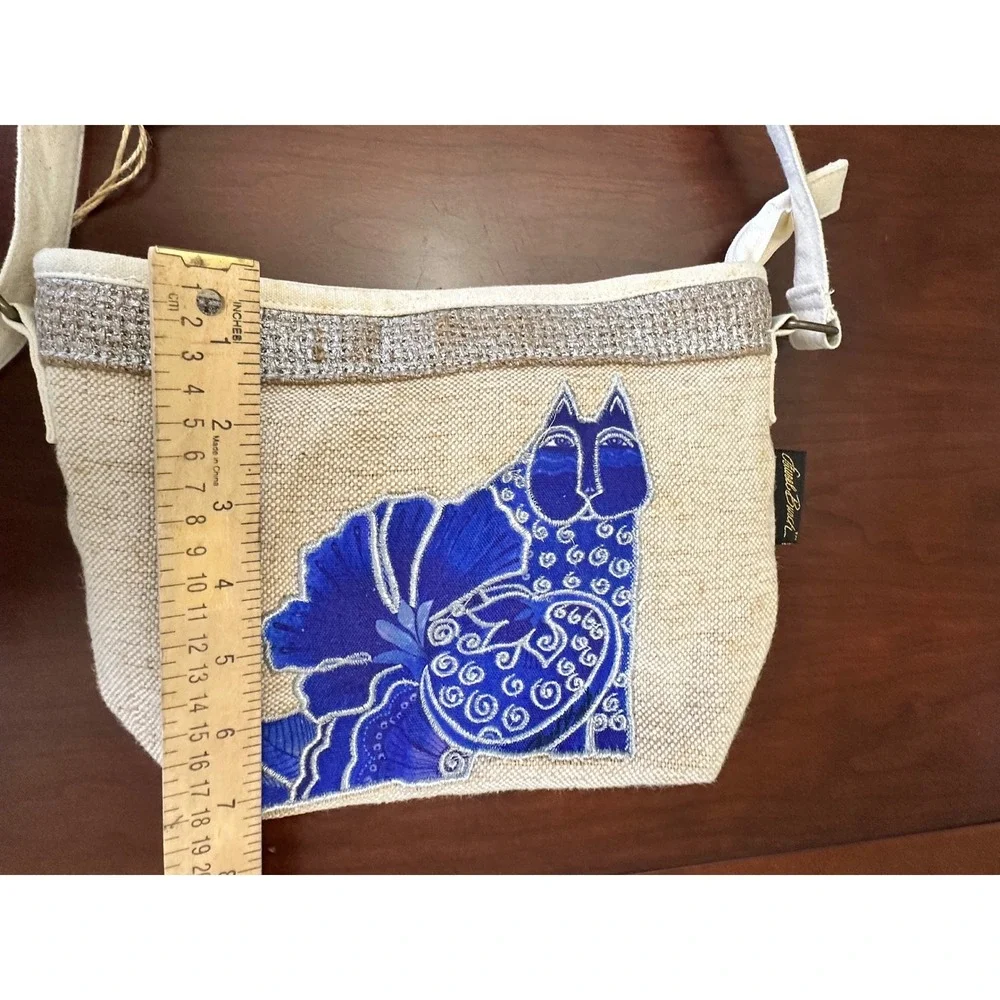 Laurel Burch Blue Cat Floral Canvas Crossbody Bag Silver Trim Adjustable Strap